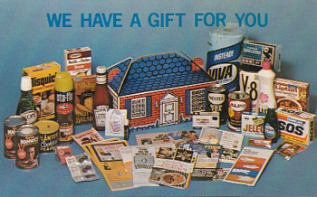 Pictured is a postcard image featuring favorite brands of yesteryear ... a few are still around.  The "We Have a Gift for You" is part of the card and not an unltd.com promotion!  The original card is for sale in The unltd.com Store.  